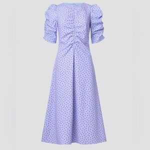 Kate Spade Polka Dot Spring Time Ruched Dress size 8 Periwinkle with Red